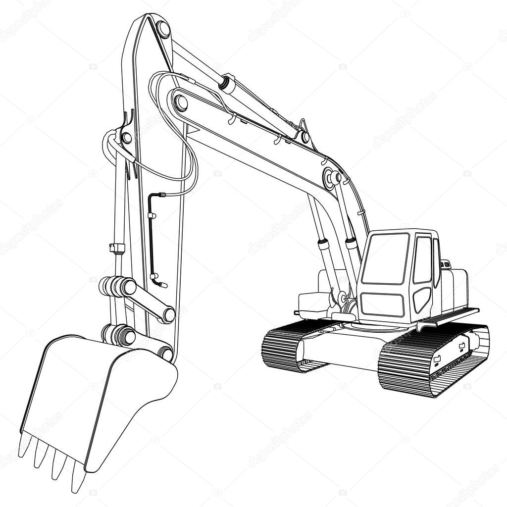 Excavator contour from black lines isolated on white background. Perspective view. 3D. Vector illustration