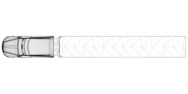 Beyaz arka planda siyah çizgilerden oluşan bir kamyonun teli. Yukarıdan bak. Üç boyutlu. Vektör illüstrasyonu
