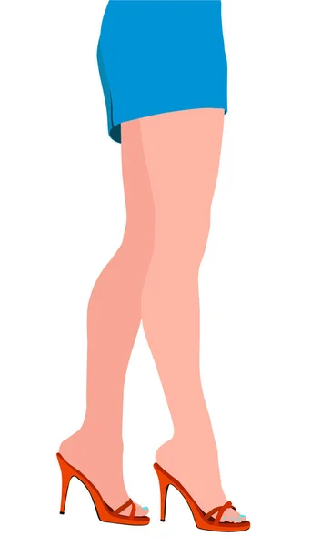 Pernas femininas finas em saltos altos vermelhos e uma saia curta azul. Estilo dos desenhos animados. Ilustração vetorial —  Vetores de Stock