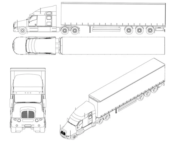 Набор с контурами грузовиков с вагонами из черных линий изолированы на белом фоне. Спереди, сбоку, сверху, изометрический вид. Векторная иллюстрация — стоковый вектор