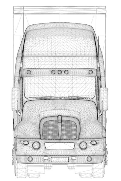 Wireframe de um caminhão com um vagão de linhas pretas isoladas em um fundo branco. Vista frontal. 3D. Ilustração vetorial —  Vetores de Stock