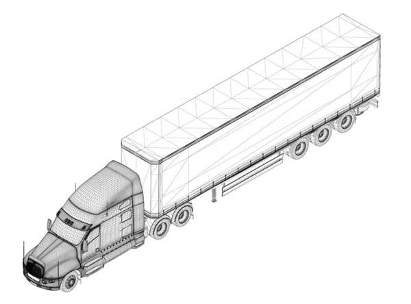 Образ грузовика с черными линиями на белом фоне. Изометрический вид. 3D. Векторная иллюстрация — стоковый вектор
