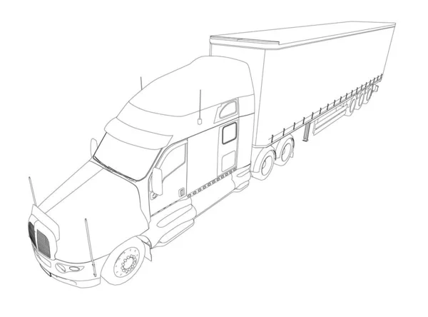 Contour van een vrachtwagen met een wagen van zwarte lijnen geïsoleerd op een witte achtergrond. Perspectief uitzicht. Vectorillustratie — Stockvector