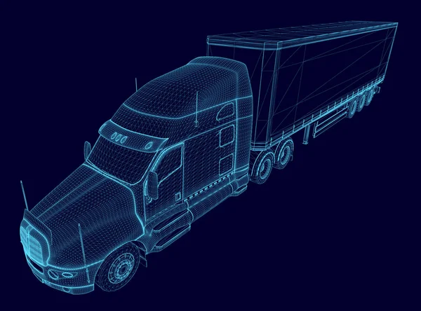 Wireframe ενός φορτηγού με ένα βαγόνι από μπλε γραμμές που απομονώνονται σε σκοτεινό φόντο. Προοπτική άποψη. 3D. Εικονογράφηση διανύσματος — Διανυσματικό Αρχείο