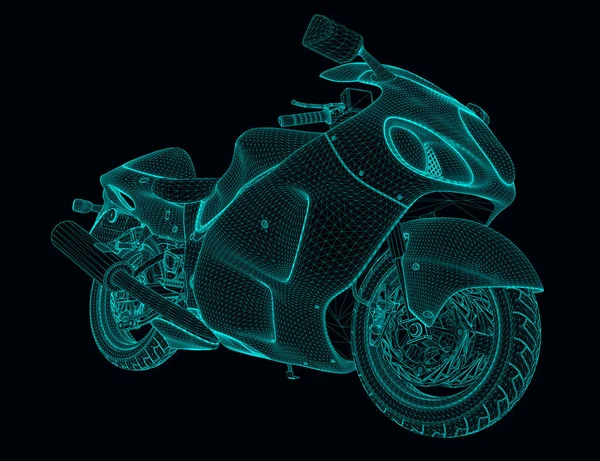 Siyah arka planda mavi çizgilerden izole edilmiş bir motorsikletin kablosu. Bakış açısı. Üç boyutlu. Vektör illüstrasyonu