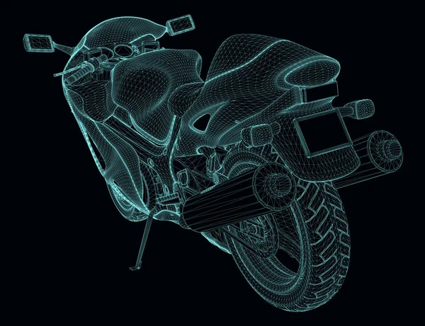 Wireframe de uma motocicleta de esportes de linhas azuis isoladas em um fundo escuro. Vista prospectiva. 3D. Ilustração vetorial Ilustração De Stock