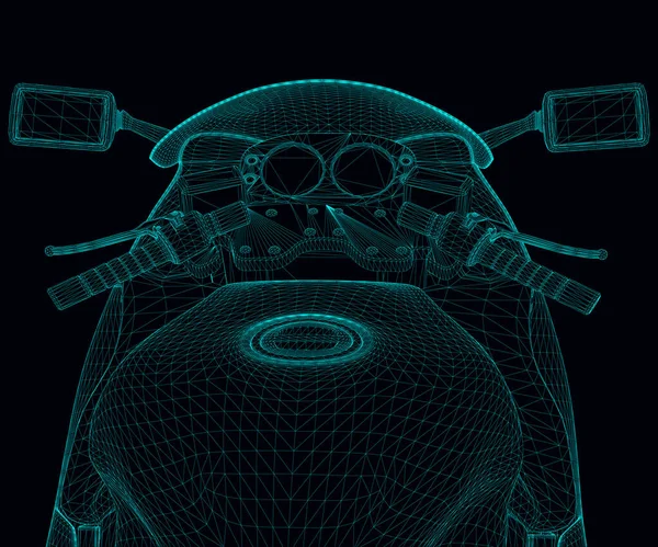 Wireframe sportowego motocykla z niebieskich linii odizolowanych na ciemnym tle. Widok na motocykl z pierwszej osoby. 3D. Ilustracja wektora — Wektor stockowy