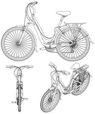 Beyaz arka planda izole edilmiş siyah çizgilerdeki ayrıntılı motorun hatlarıyla ayarlayın. Ön, yan, izometrik görüş. Vektör illüstrasyonu