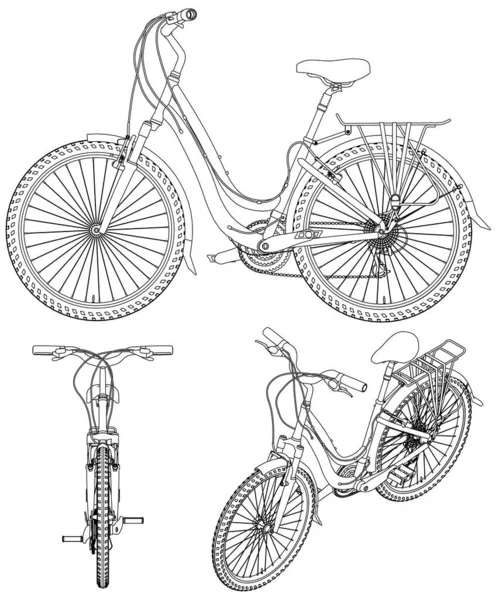 Conjunto con los contornos de la bicicleta detallada de líneas negras, aislado sobre fondo blanco. Vista frontal, lateral, isométrica. Ilustración vectorial — Vector de stock