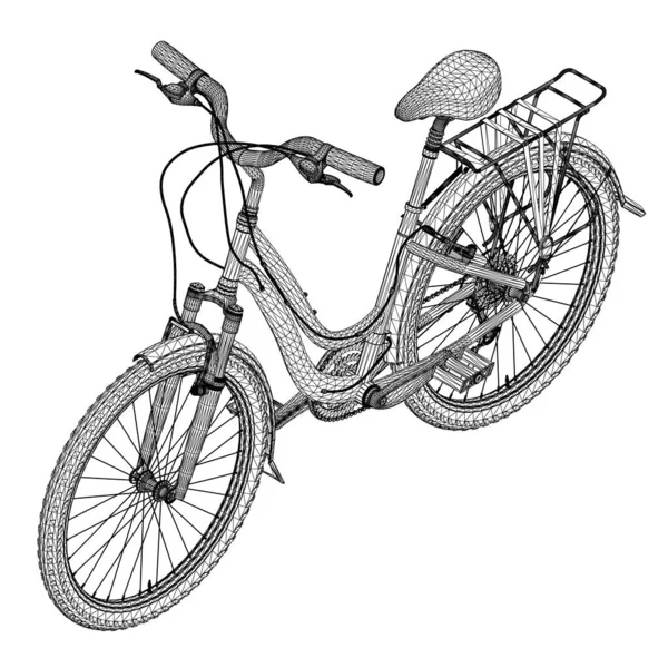 Szczegółowy przewód rowerowy z czarnych linii izolowanych na białym tle. Widok izometryczny. 3D. Ilustracja wektora — Wektor stockowy