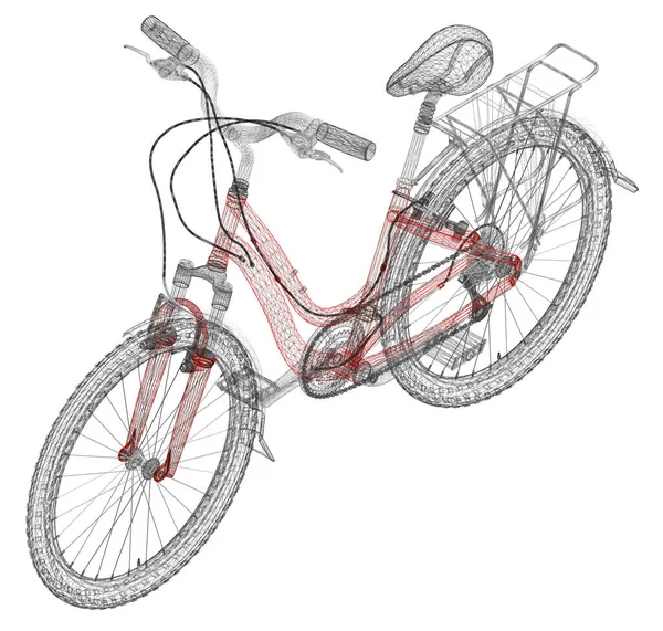 Detallada estructura de bicicleta de líneas rojas y oscuras aisladas sobre fondo blanco. Vista isométrica. 3D. Ilustración vectorial — Vector de stock