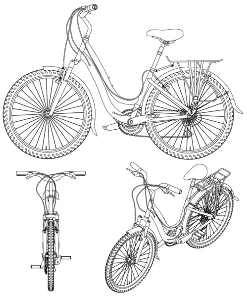 Set met de contouren van de gedetailleerde fiets van zwarte lijnen, geïsoleerd op witte achtergrond. Voor-, zijkant, isometrische weergave. Vectorillustratie Stockvector