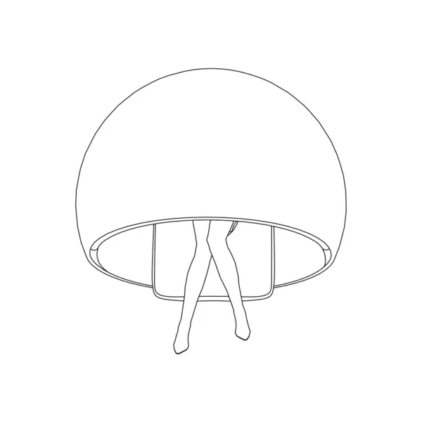 The contour of a girl sitting in a circular spherical chair made of black lines, isolated on a white background. View from above. Vector illustration — Vetor de Stock