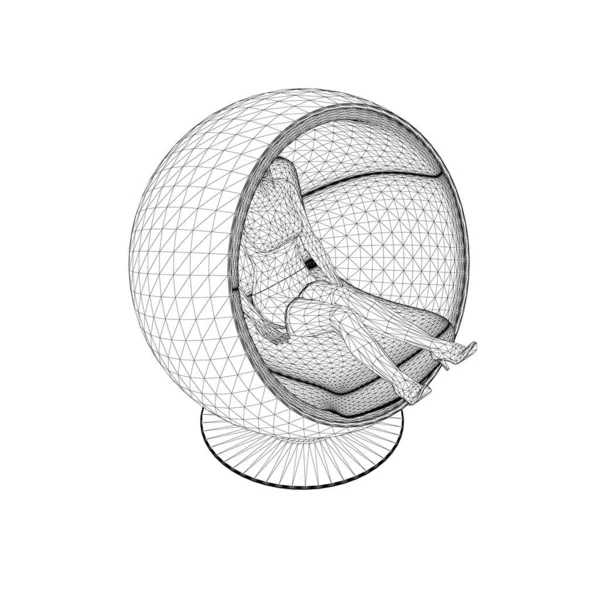 Wireframe of a girl sitting in a circular spherical chair made of black lines, isolated on a white background. Isometric view. 3D. Vector illustration — Stock Vector