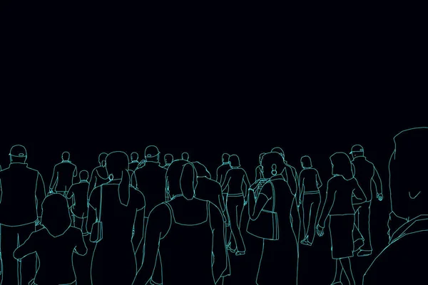 Contorno de una multitud de personas de líneas azules sobre un fondo oscuro. Antecedentes con gente. Vista trasera. Ilustración vectorial — Archivo Imágenes Vectoriales