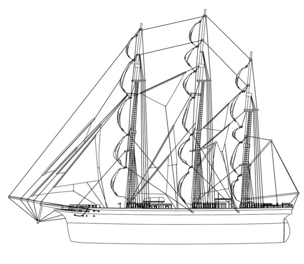 Contorno de um navio à vela a partir de linhas pretas isoladas sobre um fundo branco. Vista lateral. Ilustração vetorial — Vetor de Stock