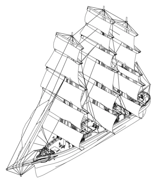 Περίγραμμα ενός ιστιοφόρου πλοίου από μαύρες γραμμές που απομονώνονται σε λευκό φόντο. Ισομετρική άποψη. Εικονογράφηση διανύσματος — Διανυσματικό Αρχείο