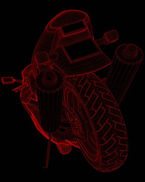 Wireframe of a sports motorcycle from red lines on a dark background. Back view. 3D. Vector illustration — стоковый вектор