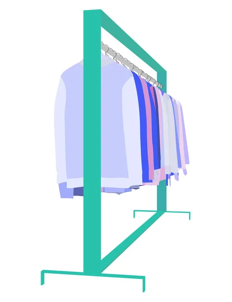 Percha con mucha ropa en colores de moda aislada sobre fondo blanco. Ropa en perchas en la tienda. Ilustración vectorial — Vector de stock