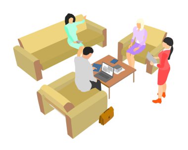Business team meeting with the boss. Employees at the meeting. People sit on armchairs and sofa flat style. Perspective view. Vector illustration