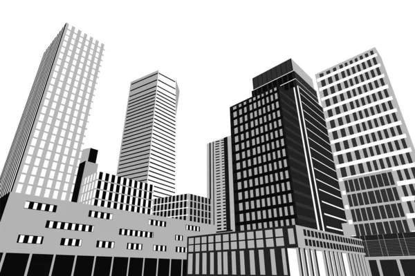 Ciudad con edificios de varios pisos aislados sobre fondo blanco. Ciudad en un estilo plano con rascacielos en colores blanco y gris. Perspectiva. Ilustración vectorial — Vector de stock