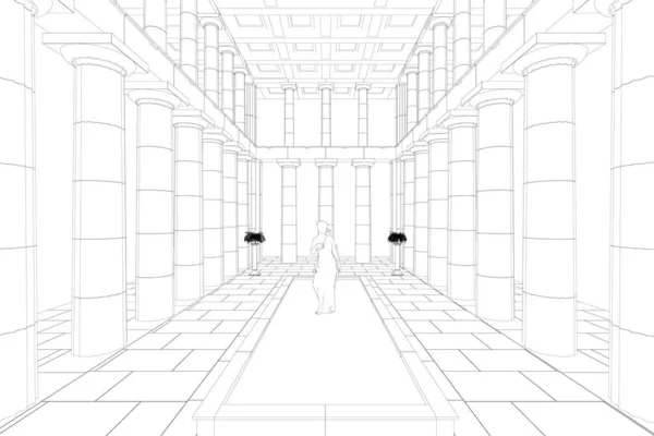 Esquema de la sala con columnas arquitectónicas y una escultura de una mujer de líneas negras aisladas sobre un fondo blanco. Ilustración vectorial — Archivo Imágenes Vectoriales