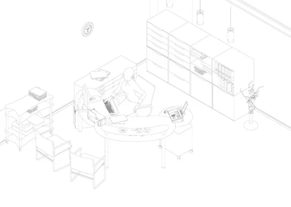 Контур офиса с девушкой, сидящей на стуле и работающей за компьютером из черных линий, изолированных на белом фоне. Офисное оборудование и аксессуары. Изометрический вид. Векторная иллюстрация — стоковый вектор