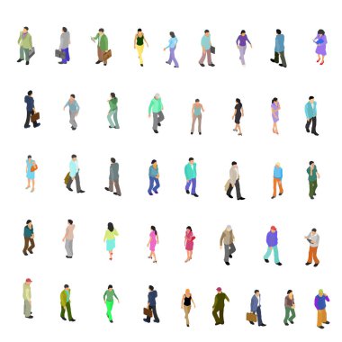 Farklı pozlarda birçok insan beyaz arka planda izole edilmiş. Düz stil. Erkekler ve kadınlar valizlerle yürüyor, koşuyor, okuyor. Isome Manzarası. Vektör illüstrasyonu