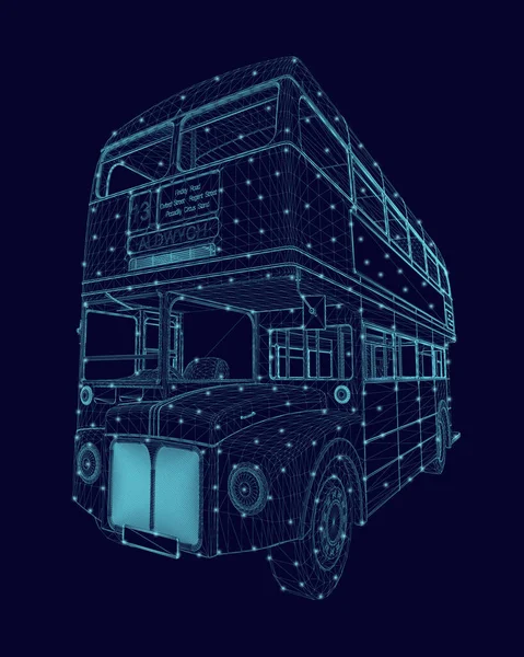 Проволочный каркас английского автобуса с двойным декером из синих линий, изолированных на белом фоне. Перспективный взгляд. 3D. Векторная иллюстрация — стоковый вектор