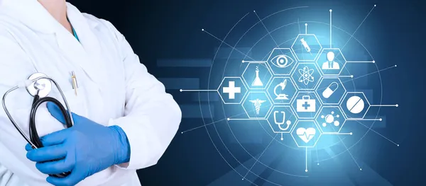 医生穿着白衣 戴着防护手套 手里拿着听诊器 背景是医学创新的理念 蓝色背景的医疗保健图标 高质量的照片 — 图库照片