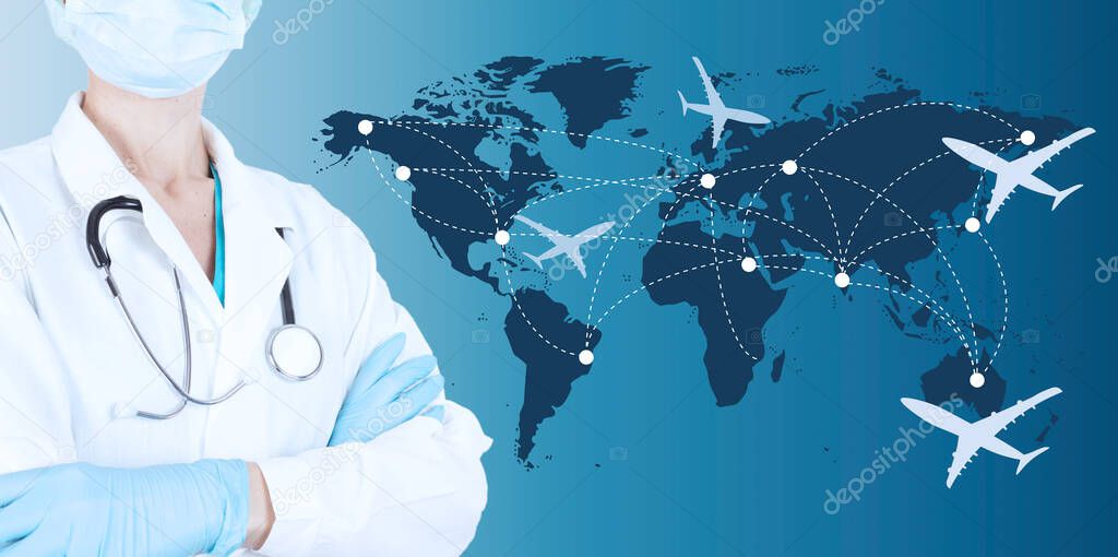 Doctor in a white medical coat in a protective mask and gloves on the background of the world map with airplanes. Medical tourism and travel concept. High quality photo