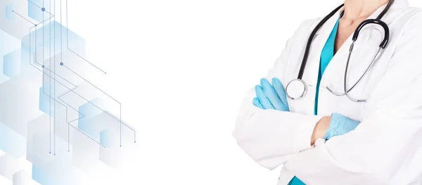 Kvinna Läkare Medicinska Kläder Med Ett Stetoskop Medicinsk Vit Bakgrund — Stockfoto