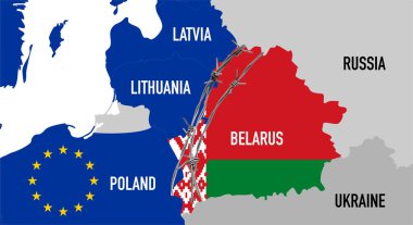 Belarus Cumhuriyeti ve Avrupa Birliği, coğrafi sınır, ülkeler arasında ulusal bayrak ve dikenli teller renginde. Melez savaş konsepti. Yüksek kalite fotoğraf