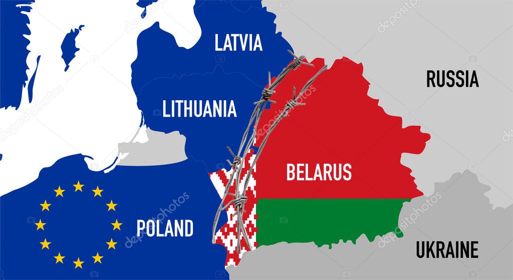 Republic of Belarus and the European Union, geographical border, in the colors of the national flag and barbed wire between the countries. Hybrid war concept. High quality photo