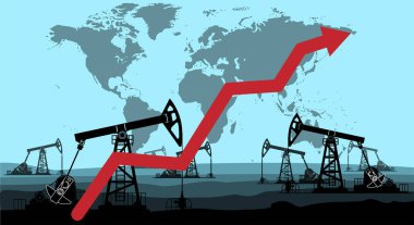 Grafiksel büyüme ve petrol platformu. Yağ alıntıları büyüyor. Petrol üretimi. Kırmızı ok, pazardaki petrol ürünlerinin fiyatlarındaki artışı gösteriyor. Yükselme eğilimi. Vektör illüstrasyonu