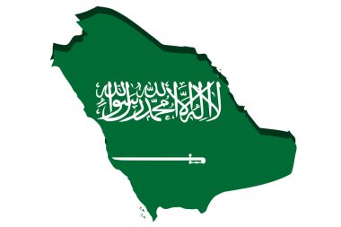 Suudi Arabistan ülke bayrağıyla coğrafi haritayı detaylı olarak inceledi. Beyaz arka planda ulusal bayrağın renkleriyle boyanmış. Vektör illüstrasyonu
