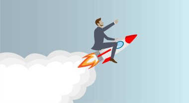 Başarılı mutlu iş adamı roketle kaleye uçuyor. Liderlik, başlangıç, büyüme ve fırsat vektörü iş karikatürü konsepti. Vektör illüstrasyonu