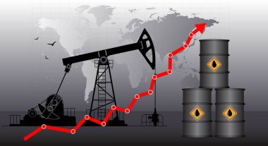 Grafiksel büyüme ve petrol platformu. Yağ alıntıları büyüyor. Petrol üretimi. Kırmızı ok, pazardaki petrol ürünlerinin fiyatlarındaki artışı gösteriyor. Yükselme eğilimi. Vektör illüstrasyonu