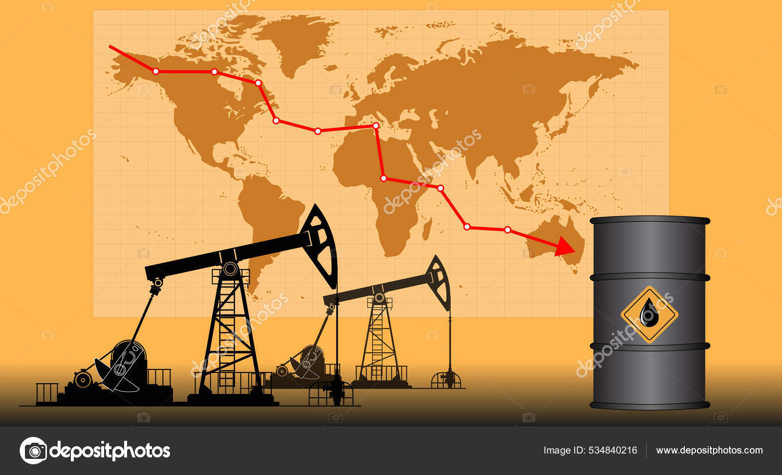 油价下跌经济衰退横幅箭头和石油钻机在世界地图的背景下矢量说明图库矢量图©Vadzim 534840216