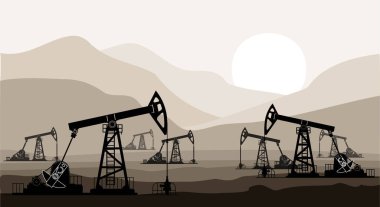 Gün batımında tarlada petrol pompaları ve sondaj platformları. Vektör illüstrasyonu