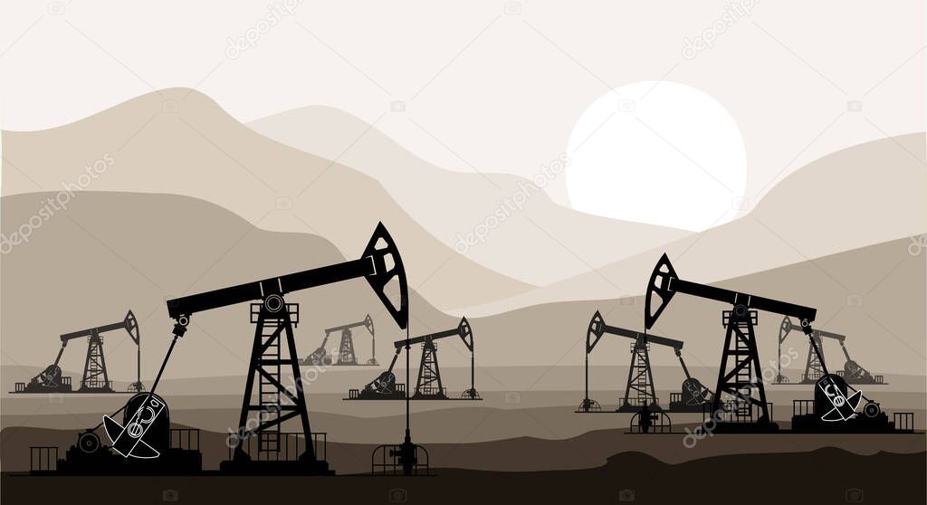 Oil pumps and drilling rigs at the field during sunset. Vector illustration