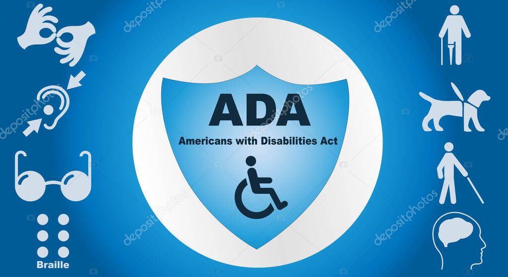 ADA, Americans with Disabilities Act. Concept with keywords, letters and icons. Colored flat vector illustration. Isolated on a light blue background. Vector illustration