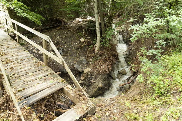 夏の山の森の生態系の歩道上の山の川を渡って安全のための手すりと老朽化した橋の木製の床 高品質の写真 — ストック写真