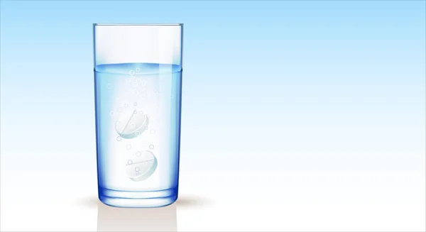 Transparent Glass Water Effervescent Instant Tablets Bubbles Blue Gradient Background — Stock Vector