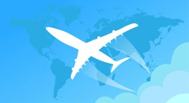 Beyaz yolcu uçağı dünya haritasının arka planında mavi arka planda uçuyor. Hava yolculuğu konsepti. Uzayı kopyala Vektör illüstrasyonu