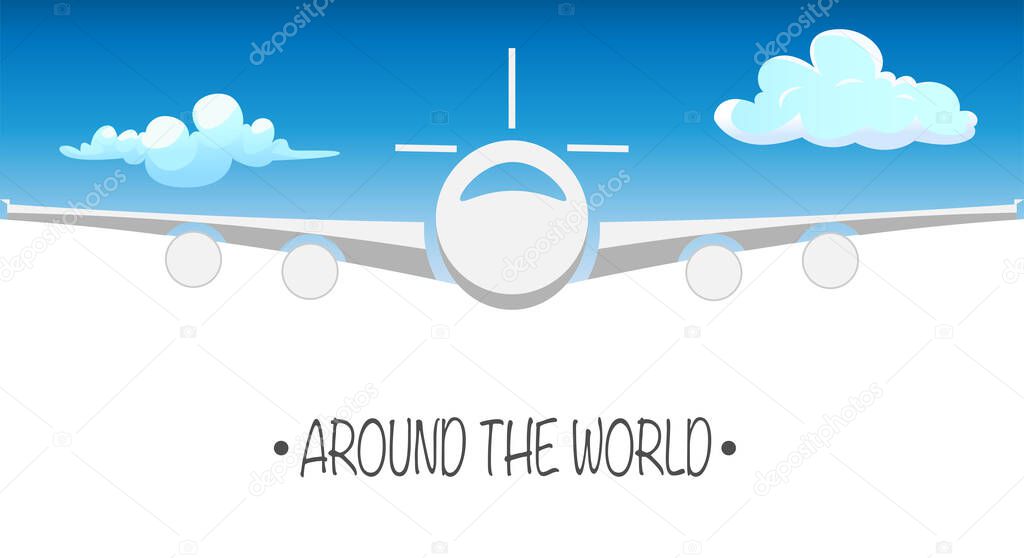 Around the world. White passenger plane flies in the clouds and blue sky. Air travel concept. Copy space. Vector illustration