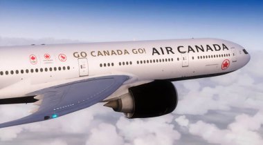Montreal, Kanada, 15 Aralık 2021 Air Canada Boeing 777. Uçak bulutların üzerinde gökyüzünde uçuyor. Yüksek kalite fotoğraf