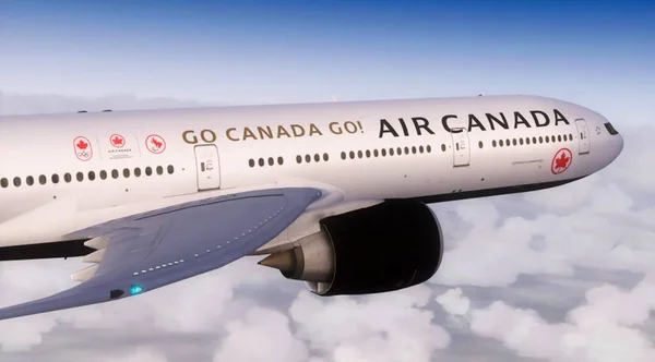 Montreal, Kanada, 15 Aralık 2021 Air Canada Boeing 777. Uçak bulutların üzerinde gökyüzünde uçuyor. Yüksek kalite fotoğraf