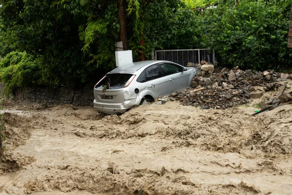 Mud Stream Water Mudflow Flowing Road Demolished Damaged Flooded Car — Stock Photo, Image