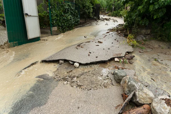 Destroyed Road Flood Mudflow Flowing Dirty Water Natural Disasters Concept — Zdjęcie stockowe